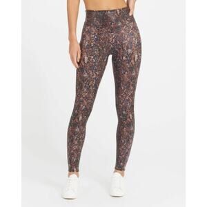 SPANX FAUX LEATHER SNAKE SHINE LEGGINGS Mocha Snake Print Medium NWOT